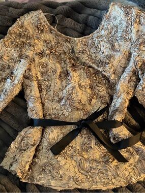 Alex Evenings Textured Floral Sequin Peplum Top with Black Ribbon Belt